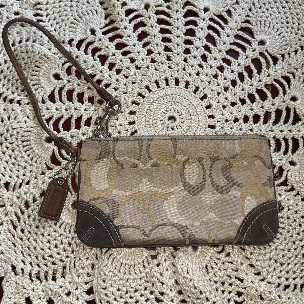 Coach Optic Signature Suede Wristlet Y2K Beige Brown